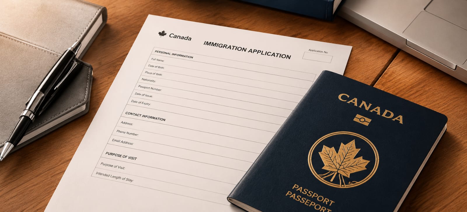 Canadian passport and immigration application forms on a desk