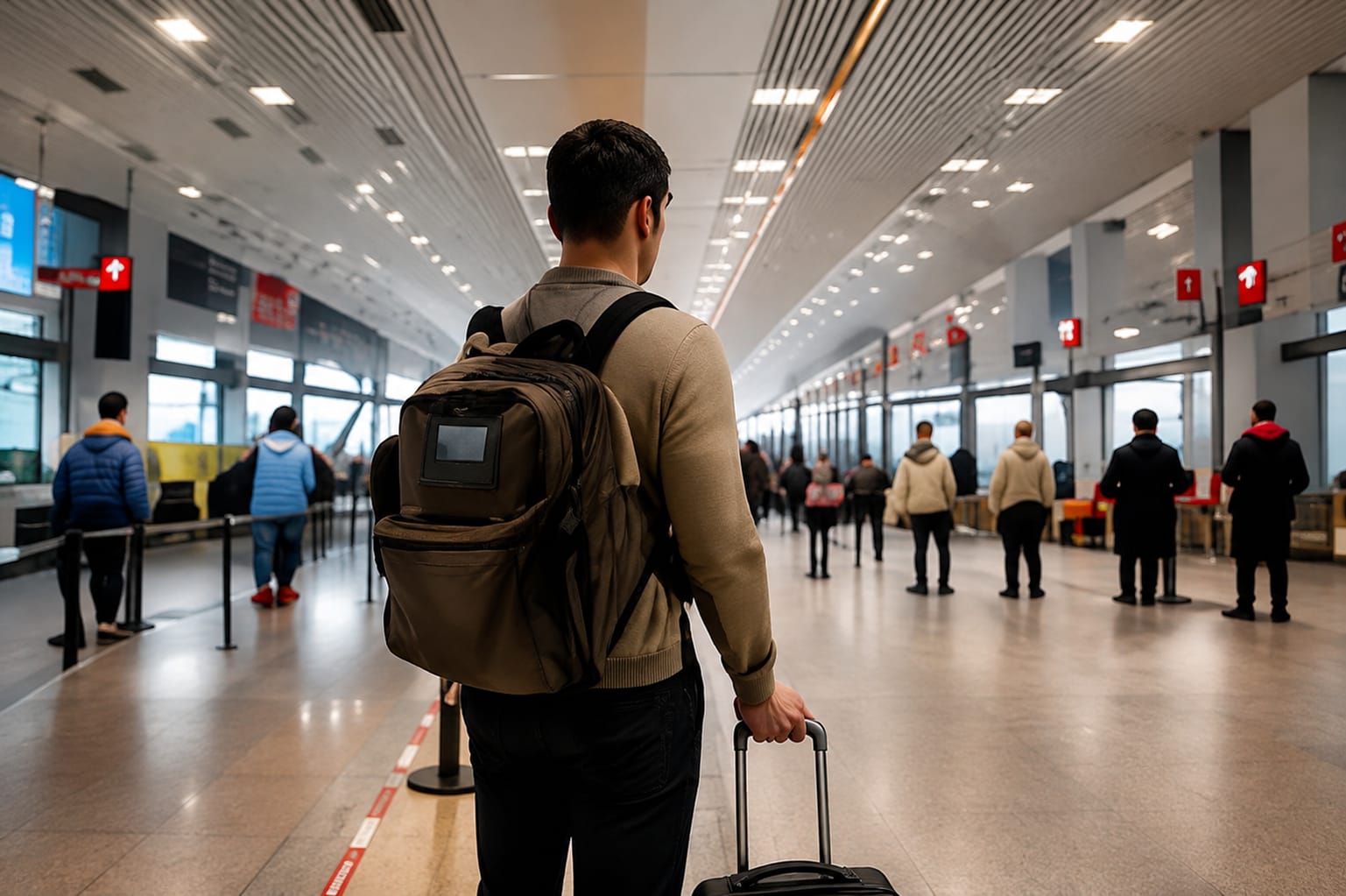 Traveller with luggage at an airport departure hall