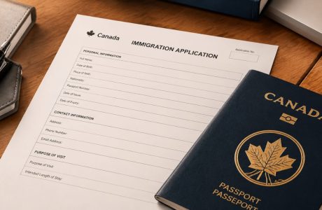 Canadian passport and immigration application forms on a desk