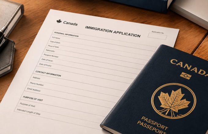 Canadian passport and immigration application forms on a desk